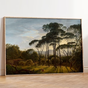 Countryside Sunset Italian Landscape Art Painting, calming countryside scenery with umbrella pines, bucolic, Gallery Art Poster, Wall Art