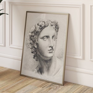 Weiblicher Skulpturendruck, klassische Wandkunst, Bleistiftzeichnung einer Statue, Frauenkopf Poster, hellenische Ästhetik, leichte Academia-Dekoration