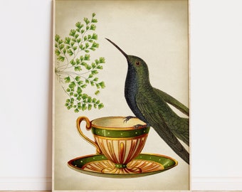 Hummingbird Teacup Print: Vintage Bird Illustration, Botanical Art