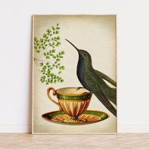 Lovely HUMMING BIRD on a Teacup PRINT, Bird Poster, Teacup and Bird, Coffee Cup Breakfast, Bird Illustration, Bird Home Decor, Hummingbird