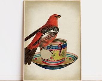 Red Bird on a Teacup print, bird poster, teacup and bird, coffee cup breakfast, bird illustration, bird art Fast Track Shipping