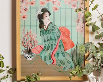 Japanische Geisha im Shoji Raum Kunstdruck, Traditionelle Kimono Maiko Kunst, Japanische Schönheit Frau, Sakuro Blumen, Aquarell Vintage Stil