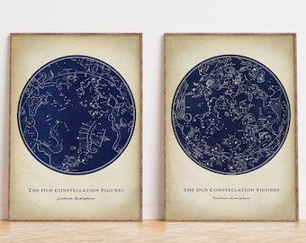 Vintage Star Map Print Set: Aged Astronomy Wall Art