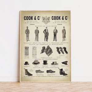 Old Ad gentlemen clothes print,  shirts, socks, top hat, shoes poster, tailor wall art, Edwardian clothing poster, tailor shop art