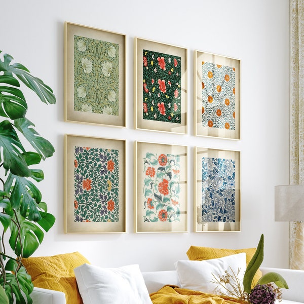 Chinoiserie Wall Art Print Set Blumenmuster, gemischte Textildrucke, Jugendstil William Morris Poster, Galeriewand Deko Art Deco