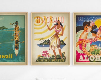 Hawaii Travel poster set of 3, Surfing Poster, Hula Girl Poster, Aloha Hawaii Poster, Surfing retro travel posters