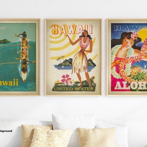 Hawaii Travel poster set of 3, Surfing Poster, Hula Girl Poster, Aloha Hawaii Poster, Surfing retro travel posters