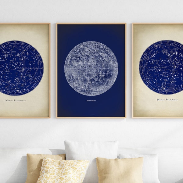 Ensemble de 3 impressions ASTRONOMIE, esthétique vintage, affiche d'art lunaire, carte des étoiles, décoration murale illustration scientifique.
