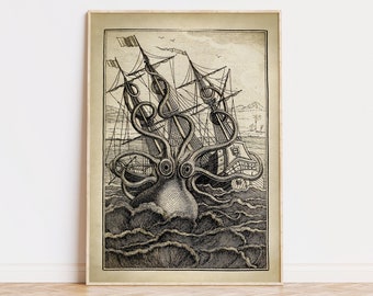 Giant Octopus Art Print: Vintage Kraken Poster, Nautical Decor