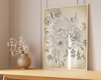 Botanical Outline Flowers Art Print, Vintage rustic aesthetic Flowers Line Drawing Poster, Floral Artwork Decor