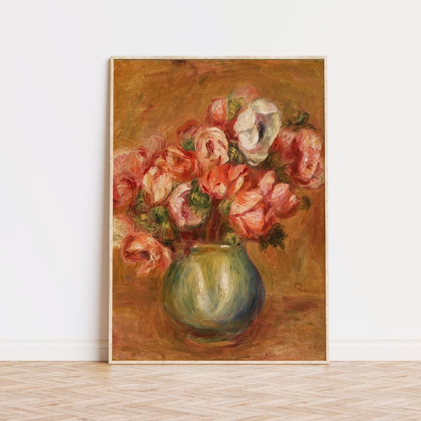 Renoir flower painting, classic vintage still life print in earth tones, a vase of roses, vintage oil painting from impressionist painter.
