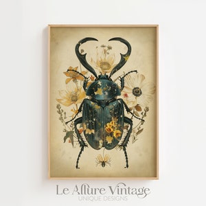 Horned Beetle print, floral beetle wall decor, insects and flowers poster, Farmhouse wall art, Vintage nature.