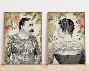 Tattoo couple print SET of 2 posters, a man and woman with vintage traditional old school tattoos wall art decor, Flowers and tattoos,
