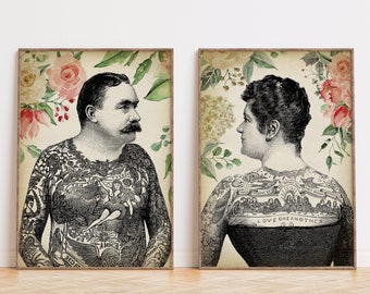 Tattoo Couple Print Set: Vintage Floral Wall Art Decor