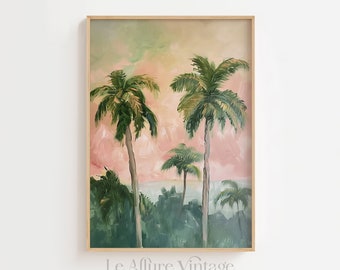 Tropical Palm Tree Wall Art — Pink Sky Sunset or Sunrise — Retro Poster — Exotic Home — Tranquil Landscape Art print — Soft Pastel Colors