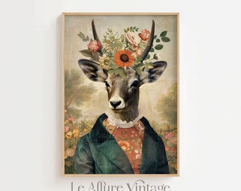 Animal portrait Wall Art Print, Antelope female painting, vintage style poster, Flowers, Spring Home Decor, fun dressed animal