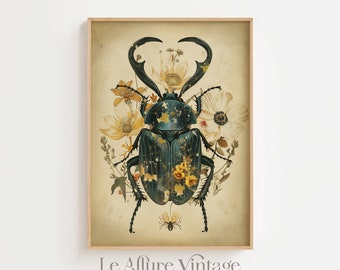 Horned Beetle print, floral beetle wall decor, insects and flowers poster, Farmhouse wall art, Vintage nature.