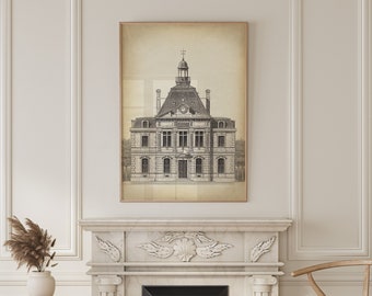 May include: A black and white drawing of a building with a clock tower, framed in a light wood frame, hangs above a white marble fireplace with a black fireplace insert. The fireplace is in a room with white walls and wainscoting.