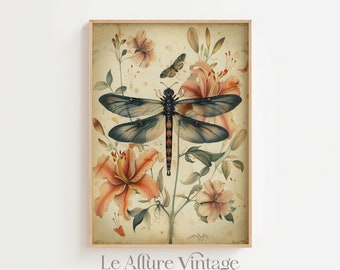 Lámina vintage de libélula: arte floral botánico para pared
