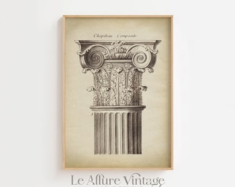 May include: A black and white illustration of a composite capital, a type of architectural element found in classical architecture. The capital is composed of a base, a shaft, and a top. The base is decorated with a series of scrolls, the shaft is fluted, and the top is adorned with a series of leaves. The illustration is labeled "Capiteau Composite" in French.
