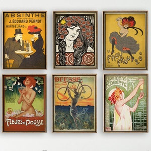 SET di stampe ART NOUVEAU di 6 poster d'arte, arredamento d'interni parigino, poster di assenzio, pubblicità vintage, Mucha, Can Can Floral Woman,