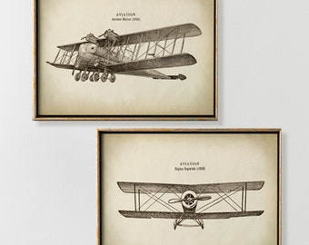 Antique Airplanes Print set of 2,  , Airplane Poster, Airship, Biplane Print, Monoplane Drawing, Aviation History Models Fast Track Shipping