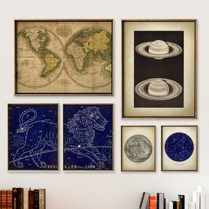 ASSORTIMENT d'impressions d'astronomie, lot de 6 impressions d'astronomie, ensemble d'astronomie, carte de la lune, carte des étoiles, constellations du zodiaque, impression de Saturne,