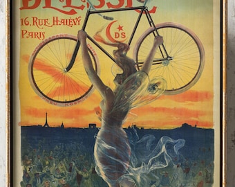 May include: Vintage poster advertising D'Fesse bicycles. The poster features a woman holding a bicycle above her head, with the Eiffel Tower in the background. The text on the poster reads "D'Fesse 16, Rue Haievy Paris".