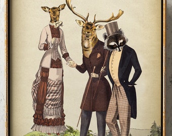 Deer Portrait Art Print, Vintage Animal Portrait, Romantic Animal Couple, Dandy Top Hat Animal with clothes, Badger Anthropomorphic Art