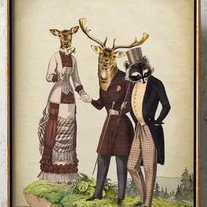 Portret jelenia wydruk artystyczny, portret zwierzęcia w stylu vintage, romantyczna para zwierząt, elegancki cylinder zwierzę z ubraniami, antropomorficzna sztuka borsuka