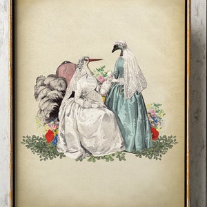 Wedding Day Animal Portrait Art Print, Vintage Stork Portrait, Bridesmaid Female Bird with clothes, Anthropomorphic Illustration