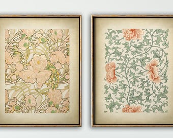 ART Nouveau Graphic Art Poster set of 2 Prints, textile print, Pastel Tones, Floral Art Nouveau Design Poster, Botanical Floral Pattern