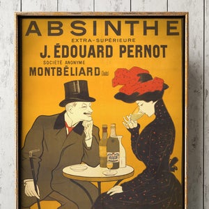 May include: Vintage poster advertising Absinthe Extra-Sup&eacute;rieure J. &Eacute;douard Pernod, a French liquor company. The poster features a man and a woman sitting at a table with bottles of absinthe. The poster is set against a yellow background with the company's name and logo in black.