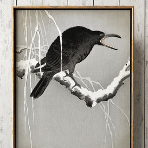 Japanese Crow Art Print, Black Crow on a Snowy Branch, Wintery Scenery, Elegant Japanese Wood Block Vintage Style Illustration, Wall Art