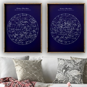 STAR Map Astronomy SET of 2, Fixed stars Chart Print, North and south Star Print, Astronomy, Astronomy Poster, Celestial Art