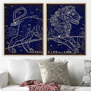 LOT de 2 affiches de carte des étoiles, affiche d'astronomie, impression de carte des constellations du zodiaque Lion, impression d'étoiles, affiche céleste, impression d'astronomie, céleste
