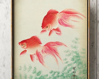Impresión artística de pez koi japonés: ilustración en xilografía