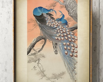 Japanese Peacock Art Print, Couple of Peafowls in a Tree Branch, Turkey,  Elegant Japanese Wood Block Vintage Style Illustration, Wall Art