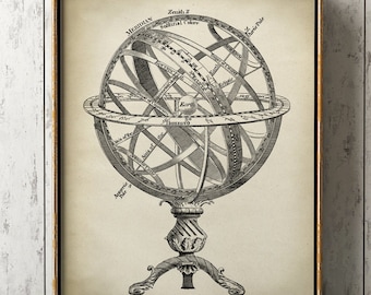 Impresión de la esfera armilar: Carta astronómica vintage, arte mural celestial