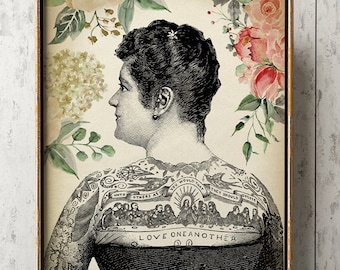 Flowered Tattooed woman art print, tattooed woman poster, old school tattooed woman poster, retro tattoo wall decor, wall art, aged art