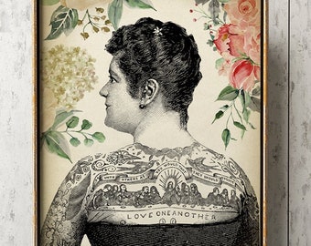Tattooed Woman Art Print: Retro Floral Giclée Wall Decor
