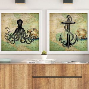 LOT de 2 affiches de carte de mer de POULPE et d'ANCRE, impression d'ancre, impression de pieuvre, art mural marin, décoration murale nautique, maison de plage, côtier, rivage