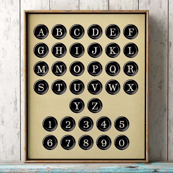 Alphabet poster, ABC wall art, typewriter keys print,  typography, letters, numbers, school chart Fast Track Shipping