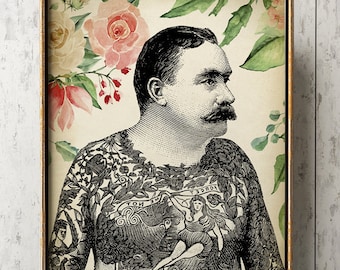 Tattooed Man Art Print: Floral Mustache Man, Old School Tattoo Decor