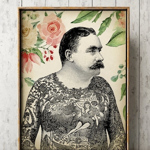 Flowered Tattooed men art print, tattooed man poster, tattoo room decor, tattooed men, tattoo wall decor, mustache man wall art, Old School