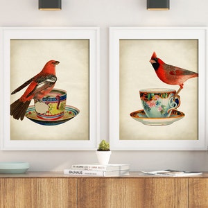 Birds print SET of 2,  bird on a teacup print, bird poster, teacup and bird, bird illustration, bird home decor, bird art