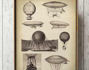 May include: A vintage illustration of different types of airships and hot air balloons. The illustration is in black and white and features a variety of designs, including a dirigible, a blimp, and a hot air balloon with a basket.