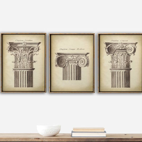 ARCHITECTURE Print SET von 3, Elegante Architektur Chapitel Poster, Klassische Architekturzeichnung, Antikes Architektur Poster