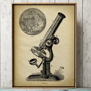 Microscope and moon astronomy print, astronomy room decor, astronomy poster, celestial wall art, wall decor, astronomical drawing