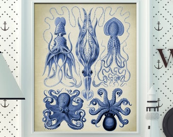 Blue octopus poster, Navy blue wall decor, beachy wall art, marine biology, beach home decor, coastal wall decor, bathroom decor